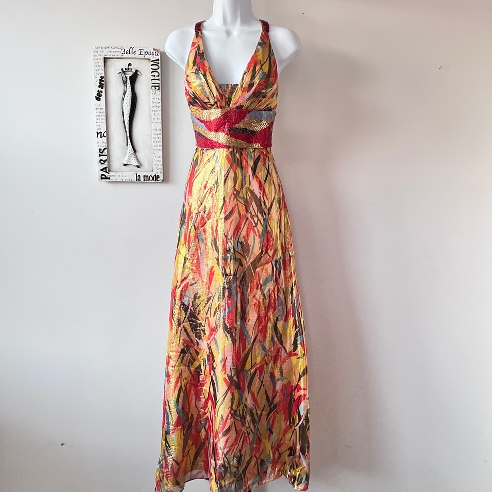 Bicici Multicolor Silk Beaded Glam Prom Maxi Dress Wedding Guest Size XS